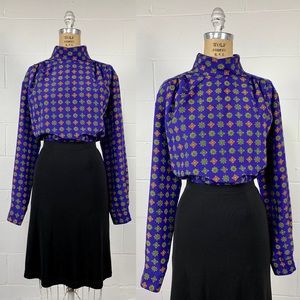 Vintage 80s Purple Gold Paisley Secretary Blouse Back Buttons High Neckline M 10